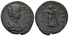 Roman Provincial MACEDON. Thessalonica. Julia Domna, Augusta, 193-217. (Bronze, 26 mm, 10.00 g, 12 h), struck under Septimius Severus, 193-211. IOYΛΙΑ ΑΥΓΟΥCΤΑ Draped bust of Julia Domna to right. Rev
