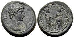 Roman Provincial LYDIA. Sardis. Augustus, 27 BC-AD 14. Assarion (Bronze, 20.5 mm, 6.97 g, 12 h), Homonoia issue with Pergamum, struck under the magistrate Mousaios. ΣΕΒΑΣΤΟΥ Bare head of Augustus to r