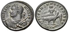 Roman Imperial Licinius I, 308-324. Argenteus (Billon, 17 mm, 2.80 g, 12 h), Treveri (Trier), 2nd officina, 318 - 319. IMP LICI-NIVS AVG Laureate, draped and cuirassed bust of Licinius I to left, hold