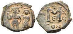 Byzantine Constans II, with Constantine IV, 641-668. Follis (Bronze, 21 mm, 4.50 g, 7 h), Constantinople, E = 5th officina, year 16 = 656-657. Constans II and Constantine IV standing facing, both crow