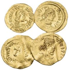 Large Lots BYZANTINE, Early Byzantine period. Circa 5th-6th century. (Gold, 5.70 g). Lot of Four (4) Early Byzantine gold Tremisses, including Anastasius I, Justinian, Justin I and Constans II. About 