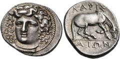 GREEK COINS Thessaly Larissa. Circa 356-342 BC. Drachm (Silver, 20 mm, 6.15 g, 9 h), "late facing head" series. Head of the nymph Larissa facing, turned slightly to the left, wearing ampyx and triple-