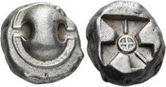 GREEK COINS Boeotia Thebes. Circa 480-460 BC. Stater (Silver, 18 mm, 11.96 g). Boeotian shield. Rev. Incuse square with a recessed large triangle (divided by a line), a recessed square (divided by a l