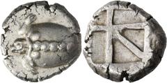 GREEK COINS Islands off Attica Aegina. Circa 480-457 BC. Stater (Silver, 21 mm, 12.09 g). Sea turtle with a T-shaped design of line of five very large pellets down the back of its shell and with two e