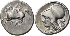 GREEK COINS Corinthia Corinth. Mid 4th century BC. Stater (Silver, 22 mm, 8.52 g, 9 h). Pegasus, with pointed wing, flying to left; below, ?. Rev. Head of Aphrodite to left, wearing Corinthian helmet 