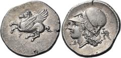 GREEK COINS Corinthia Corinth. Mid 4th century BC. Stater (Silver, 24.5 mm, 8.50 g, 9 h). Pegasus, with pointed wing, flying to left; below, ?. Rev. Δ-I Head of Aphrodite to left, wearing Corinthian h