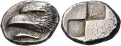 GREEK COINS Paphlagonia Sinope. Circa 425-410 BC. Drachm (Silver, 19 mm, 6.12 g, 6 h). Head of a sea eagle to left; below, dolphin swimming to left. Rev. Quadripartite incuse square composed of two ra