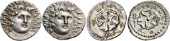 GREEK COINS Islands off Caria Rhodos. Rhodes. Circa 88/42 BC-AD 14. Lot of two silver drachms struck from the same obverse die, in the names of the magistrates Meikion and Euphranor (19 mm, 4.16 g, 8;