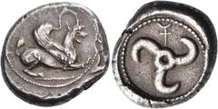 GREEK COINS Dynasts of Lycia Tenegure, circa 460-420 BC. Stater (20 mm, 8.56 g). Winged and horned lion-griffin (?) crouching to right. Rev. Triskeles with monogram above; all in a circle of pearls, w