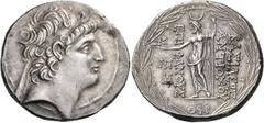 GREEK COINS Seleukid Kings of Syria Antiochos VIII Epiphanes (Grypos), 121/0-97/6 BC. Tetradrachm (Silver, 30 mm, 16.51 g, 1 h), Damaskos, year 199 = Θ?Ρ = 114/113. Diademed head of Antiochos VIII to 