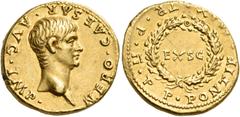 ROMAN COINS Nero, 54-68. Aureus (Gold, 18 mm, 7.72 g, 6 h), Rome, 55-56. NERO CAESAR AVG IMP Bare head of Nero to right. Rev. PONTIF MAX TR P II P P around oak-wreath enclosing EX S C. BMC 9. Calicó 4