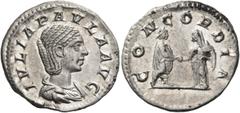 ROMAN COINS Julia Paula, first wife of Elagabalus, Augusta, 219-220. Denarius (Silver, 19 mm, 3.29 g, 6 h), Rome. IVLIA PAVLA AVG Draped bust of Julia Paula to right. Rev. CONCORDIA Julia, veiled, on 