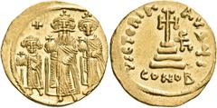 BYZANTINE COINS Heraclius, with Heraclius Constantine and Heraclonas, 610-641. Solidus (Gold, 21 mm, 4.47 g, 5 h), Constantinople, 10th officina = Ι, 632-635. From left to right, Heraclonas, wearing a