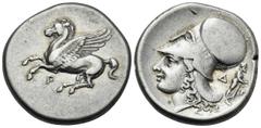 The Vineyard Collection part III CORINTHIA. Corinth. Circa 375-300 BC. Stater (Silver, 21 mm, 8.48 g, 10 h). Pegasus flying to left with pointed wing, below, Ϙ. Rev. Head of Aphrodite to left, wearing