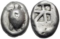 Greek ISLANDS OFF ATTICA, Aegina. Circa 525-475 BC. Stater (Silver, 21 mm, 11.85 g), "Small skew" reverse. Sea turtle with trefoil collar; banker's mark: turtle(?). Rev. Square incuse with small skew 
