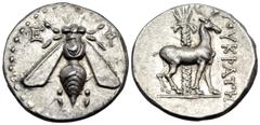 Greek IONIA. Ephesos. Circa 202-150 BC. Drachm (Silver, 17.2 mm, 4.23 g, 12 h), struck under the magistrate Euthykrates. E - Φ Bee with straight wings. Rev. [Ε]ΥΘΥΚΡΑΤΗ[Σ] Stag standing to right befor