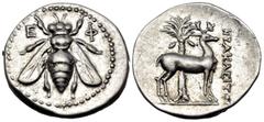 Greek IONIA. Ephesos. Circa 202-150 BC. Drachm (Silver, 19 mm, 4.22 g, 12 h), struck under the magistrate Herakleitos. E - Φ Bee with straight wings. Rev. ΗΡΑΚΛΕΙΤΟΣ Stag standing to right before palm