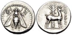 Greek IONIA. Ephesos. Circa 202-150 BC. Drachm (Silver, 17.5 mm, 4.13 g, 12 h), struck under the magistrate Zenodotos. E - Φ Bee with straight wings. Rev. ZHNOΔΟΤΟΣ Stag standing to right before palm 