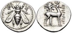 Greek IONIA. Ephesos. Circa 202-150 BC. Drachm (Silver, 18 mm, 4.20 g, 1 h), struck under the magistrate Euphronios. E - Φ Bee with straight wings. Rev. ΕΥΦΡΟΝΙΟΣ Stag standing to right before palm tr