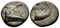 Greek LYCIA. Phaselis. Circa 250-221/0 BC. Chalkous (Bronze, 10.5 mm, 1.13 g, 2 h). Prow of galley to right. Rev. ΦΑΣ (retrograde) Stern of galley to right. Cf. Heipp-Tamer B40 (Φ only). Dark brown pa