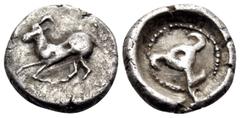 Greek DYNASTS OF LYCIA. Kuprilli, circa 470/60-440/35 BC. Obol (Silver, 9 mm, 0.79 g). Hoat to left. Rev. Triskeles with annulet center and hooked arms in dotted circular border within circular incuse