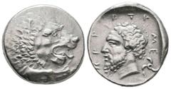 Greek DYNASTS OF LYCIA. Mithrapata, circa 390-370 BC. Stater (Silver, 22.5 mm, 9.59 g, 2 h). Forepart of lion with open jaws to right. Rev. Methrapata (in Lycian script) Bearded head of Mithrapata to 