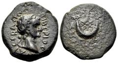 Roman Provincial THRACE. Byzantium. Tiberius, 14-37. Hemiassarion (Bronze, 16 mm, 3.03 g, 12 h). TIBEPIOC KAI CEBACTO[C] Laureate head of Tiberius to right. Rev. Six-pointed star within crescent. RPC 