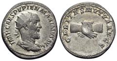 Roman Imperial Pupienus, 238. Antoninianus (Silver, 22 mm, 4.56 g, 12 h), Rome. IMP CAES PVPIEN MAXIMVS AVG Radiate, draped and cuirassed bust of Pupienus to right. Rev. CARITAS MVTVA AVGG Clasped rig