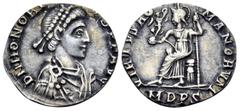 Roman Imperial Honorius, 393-423. Siliqua (Silver, 14 mm, 0.91 g, 7 h), Milan, 402. D N HONORI-VS P F AVG Pearl-diademed, draped, and cuirassed bust of Honorius to right. Rev. VIRTVS RO-MANORVM / MDPS