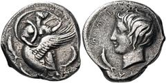 Greek SICILY. Kamarina. Circa 405 BC. Didrachm (Silver, 21 mm, 7.89 g, 1 h). KAM – A – [PI] – N[A] (retrograde) The nymph Kamarina, her head turned to left, wearing a chiton and with her legs crossed 
