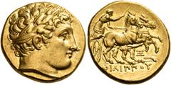 Greek KINGS OF MACEDON. Philip II, 359-336 BC. Stater (Gold, 18.5 mm, 8.58 g, 3 h), Abydos, struck under Philip III, 323-317, probably prior to 319. Laureate head of Apollo to right. Rev. ΦΙΛΙΠΠΟΥ Cha