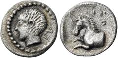 Greek THESSALY. Trikka. Circa 440-400 BC. Hemiobol (Silver, 9 mm, 0.42 g, 9 h), struck under the magistrate, Euph.... EY Youthful male head to left. Rev. ΤΡ - ΙΚ-K Forepart of horse to left; all withi