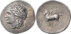 Greek CARIA. Alabanda (as Antiocheia). Circa 197-190/88 BC. Tetradrachm (Silver, 32 mm, 16.94 g, 1 h). Laureate head of Apollo to right. Rev. ΑΝΤΙΟΧΕΩΝ Pegasus flying to left; below, monogram of ΜΗΡΟΥ