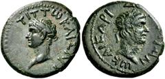 Roman Imperial & Provincial Titus with Domitian, as Caesars, under Vespasian, 69-79. Hemiassarion (Bronze, 17.5 mm, 3.61 g, 6 h). Uncertain mint in Asia Minor. ΤΙΤΤω ΚΑΙΣΑΡΙ Laureate head of Titus to 