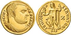 Roman Imperial & Provincial Licinius I, 308-324. Aureus (Gold, 20 mm, 5.33 g, 11 h), Siscia, 316. LICINI-VS P F AVG Laureate and draped bust of Licinius I to right. Rev. IOVI CONSERVATORI AVG / SIS Ju
