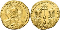 Byzantine Basil II Bulgaroktonos, with Constantine VIII, 976-1025. Histamenon nomisma (Gold, 21 mm, 4.35 g, 6 h), Constantinople, 989-1001. +IhS XIS REX REGNANTIhM Bust of Christ Pantocrator facing, w