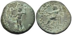 Greek ACHAIA, Achaian League. Megalopolis. Circa 160-146 BC. Tetrachalkon (Bronze, 21 mm, 4.53 g, 12 h), struck under the magistrates, Pantisthenes and Agis. AΓAIOΣ Zeus, nude, standing left, holding 