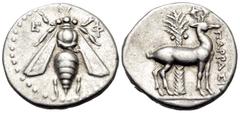 Greek IONIA. Ephesos. Circa 202-150 BC. Drachm (Silver, 17.3 mm, 4.17 g, 12 h), struck under the magistrate Parrasios. E - Φ Bee with straightwings. Rev. ΠΑΡΡΑΣΙΟ[Σ] Stag standing to right before palm