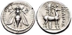 Greek IONIA. Ephesos. Circa 202-150 BC. Drachm (Silver, 18 mm, 4.12 g, 12 h), struck under the magistrate Molpos. E - Φ Bee with straight wings. Rev. ΜΟΛΠΟΣ Stag standing to right before palm tree. Ki