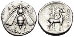 Greek IONIA. Ephesos. Circa 202-150 BC. Drachm (Silver, 17 mm, 4.10 g, 12 h), struck under the magistrate Choriskos. E - Φ Bee with straight wings. Rev. ΧΟΡΙΣΚΟΣ Stag standing to right before palm tre