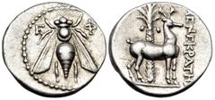 Greek IONIA. Ephesos. Circa 202-150 BC. Drachm (Silver, 16.5 mm, 4.15 g, 12 h), struck under the magistrate Menekrates. E - Φ Bee with straight wings. Rev. ΜΕΝΕΚΡΑΤΗΣ Stag standing to right before pal