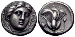 Greek ISLANDS OFF CARIA, Rhodos. Rhodes. Circa 305-275 BC. Didrachm (Silver, 18 mm, 6.67 g, 12 h), struck under the magistrate Eu.... Head of Helios facing, turned slightly to the right. Rev. POΔION /