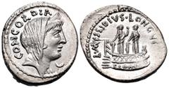 Roman Republican & Imperatorial L. Mussidius Longus, 42 BC. Denarius (Silver, 20 mm, 3.93 g, 2 h), Rome. CONCORDIA Diademed and veiled head of Concordia to right; below chin, crescent. Rev. L • MVSSID