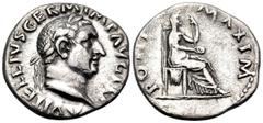 Roman Imperial Vitellius, 69. Denarius (Silver, 18 mm, 3.14 g, 6 h), Rome, struck late April-20 December 69. A VITELLIVS GERM IMP AVG TR P Laureate head of Vitellius to right. Rev. PONT MAXIM Vesta se
