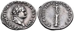 Roman Imperial Titus, AD 79-81. Denarius (Silver, 19 mm, 3.34 g, 6 h), 79, after 1 July. IMP TITVS CAES VESPASIAN AVG P M Laureate head of Titus to right, with slight beard. Rev. TR P VIIII IMP XV COS