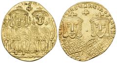 Byzantine Constantine VI, with Leo III, Constantine V, and Leo IV, 780-797. Solidus (Gold, 22 mm, 4.42 g, 5 h), Constantinople, 780-787. LЄOҺ VS SЄqqOҺ COҺSτAҺτI O ҺЄOS B Crowned figures of Leo IV, be