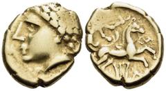 Celtic CELTIC, Central Gaul. Arverni. 3rd century BC. Stater (Gold, 19 mm, 7.45 g, 12 h), imitating types of Philip II of Macedon, "à la lyre" type. Laureate male head to left. Rev. Charioteer, holdin