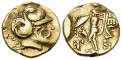 Celtic CELTIC, Central Europe. Boii. 2nd-1st centuries BC. Quarter Stater (Gold, 12 mm, 2.76 g, 11 h). Head of Athena to right, wearing crested Corinthian helmet. Rev. Debased legend Athena Alkis stri