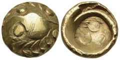 Celtic CELTIC, Central Europe. Vindelici. Early 1st century BC. Stater (Gold, 16.5 mm, 7.40 g, 10 h), "Regenbogenschüsselchen" type. Head of an eagle to left with a pellet above and below the beak; th