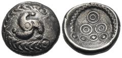 Celtic CELTIC, Central Europe. Vindelici. Early 1st century BC. Stater (Billon, 16.5 mm, 4.13 g, 2 h), "Regenbogenschüsselchen" type. Triskeles within a wreath-like torc with an annulet at each end. R